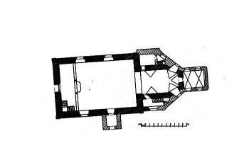 půdorys kostela (© Bohumil Matějka, Josef Štěpánek, Zdeněk Wirth: Soupis památek historických a uměleckých v Království Českém, sv. 29 Politický okres litomyšlský, Archaelogická komise při České akademii císaře Františka Josefa pro vědy, slovesnost a umění, Praha 1908)