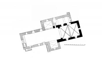 půdorys kostela (© Josef Soukup: Soupis památek historických a uměleckých v Království Českém, sv. 33 Politický okres písecký, Archaelogická komise při České akademii císaře Františka Josefa pro vědy, slovesnost a umění, Praha 1910)
