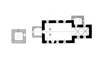 půdorys kostela (© Josef Soukup: Soupis památek historických a uměleckých v Království Českém, sv. 33 Politický okres písecký, Archaelogická komise při České akademii císaře Františka Josefa pro vědy, slovesnost a umění, Praha 1910)