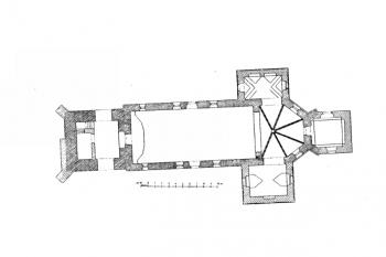 půdorys kostela (© Zdeněk Wirth: Soupis památek historických a uměleckých v Království Českém, sv. 16 Politický okres vysokomýtský, Archaelogická komise při České akademii císaře Františka Josefa pro vědy, slovesnost a umění, Praha 1902)
