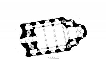 půdorys kostela (© Josef Vítězslav Šimák: Soupis památek historických a uměleckých v Království Českém, sv. 32 Politický okres turnovský, Archaelogická komise při České akademii císaře Františka Josefa pro vědy, slovesnost a umění, Praha 1909)