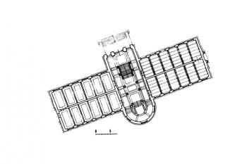 půdorys hlavní budovy muzea (© Růžena Baťková a kol.: Umělecké památky Prahy 2 - Nové Město, Vyšehrad, Vinohrady (Praha 1), Academia, Praha 1998)