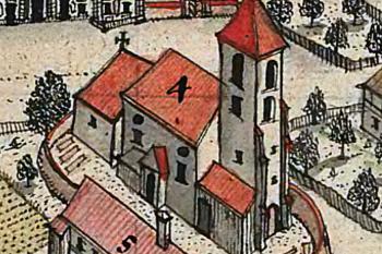 kostel v polovině 18. století na vedutě Friedricha Bernharda Wernera (© Wernher, Friedrich Bernhard: Topographia oder Prodromus Delineati Principatus Lignicensis Bregensis, et Wolaviensis, Biblioteka Uniwersytecka we Wrocławiu, Oddział Rękopisów)
