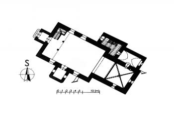 půdorys kostela  (© Lavička, Roman. Pozdně gotické kostely na rožmberském panství. Vyd. 1. České Budějovice: Národní památkový ústav, územní odborné pracoviště v Českých Budějovicích, 2013. 387 s. Monumenta; sv. 4. ISBN 978-80-85033-47-2.)