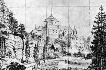 pohled od severozápadu na počátku 19. století ( © Ludvík Khol, 1809 (in E. SKřivánková: O smyslu krajinářské veduty a jejím vztahu ke krajinářství, Umění, roč. 8, č. 5, Nakladatelství ČSAV, Praha 1960))