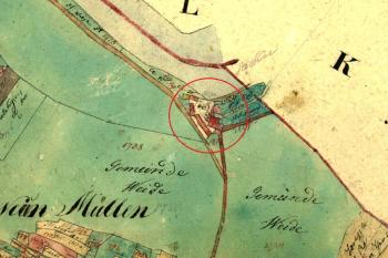 Vyznačení areálu mlýna na Indikační skice z roku 1824 (© Moravský zemský archiv v Brně.)