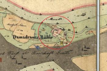 Vyznačení areálu mlýna mapovém podkladu Indikační skici ze 30. let 19. století (© Zemský archiv v Opavě)