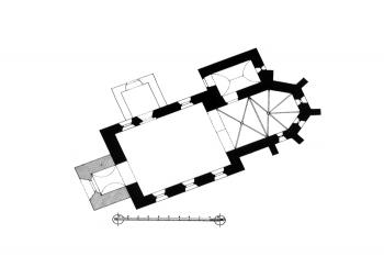 půdorys kostela (© Jan Sommer a Kristina Uhlíková (ed.): Fontes historiae artium XIV: Soupis památek historických a uměleckých v politickém okresu ledečském. Edice nedokončeného rukopisu, Artefactum, Praha 2010)
