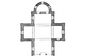 půdorys kostela (© Antonín Podlaha: Soupis památek historických a uměleckých v Království Českém, sv. 13 Politický okres příbramský, Archaelogická komise při České akademii císaře Františka Josefa pro vědy, slovesnost a umění, Praha 1901)