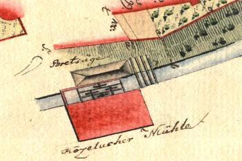 Mlýn zachycený na plánu města z počátku 19. století (© Informační tabule při mlýně)