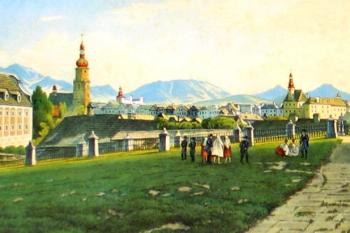 dobový pohled na město Frýdek s dominantami radnice, farního kostela a hlavně zámku od Mariánského kostela ( © J. Altl, před polovinou 19. století)
