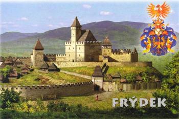 Možná podoba zámku ve Frýdku-Místku kolem roku 1530 se znakem těšínských knížat ( © R.Vojkovský)