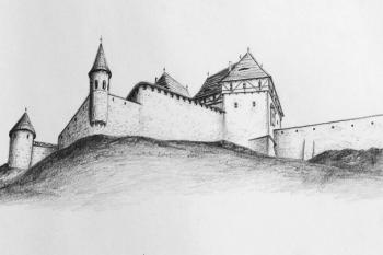 Hypotetický pohled na frýdecký hrad od řeky Ostravice pro konec 15. století (© J. Tichánek a kolektiv: Šlechtická sídla na Frýdecko Místecku, Frýdek-Místek 2006)