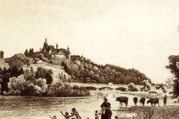 pohled na frýdecký zámek od severozápadu, z moravského (místeckého) břehu řeky Ostravice - těsně po r. 1848 ( © T. Adamec, M. Klega, V. Peter: Pozdrav z Frýdku-Místku, 2009)