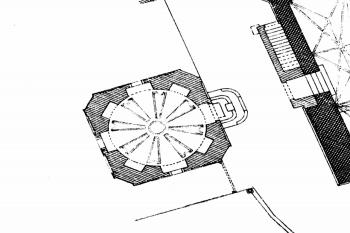 půdorys kaple (© František Mareš, Jan Sedláček: Soupis památek historických a uměleckých v Království Českém, sv. 41 Politický okres krumlovský, Archaelogická komise při České akademii císaře Františka Josefa pro vědy, slovesnost a umění, Praha 1918)