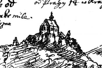 kostel na vedutě Jana Willenberga z roku 1602 (© Willenberg, Jan, Podlaha, Antonín, ed. a Zahradník, Bohdan, ed. Jana Willenberga Pohledy na města, hrady a památné stavby král. Českého z počátku XVII. století. A. Podlaha, Praha 1901.)