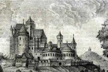 Celkový pohled na vedutu hrad Rabí a kaple v pozadí (J. Wetterl 1835)
