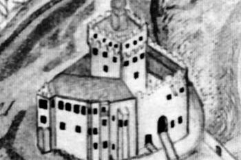 zámek na výřezu z mapy M. G. Schmidta (1727) ( © Dalibor Hodeček: Nástin dějin zámku v Miroslavi, Sborník SOA Znojmo 2008, Znojmo 2008)