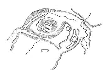 celková situace širšího okolí tvrziště (© Petr Chotěbor: Venkovská feudální sídla a jejich hospodářské zázemí, Archaeologia historica 16, Muzejní a vlastivědná společnost v Brně, Brno 1991)