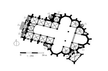 půdorys kostela (© Rybka-Ceglecka, Iwona: Karta ewidencyjna zabytków architektury i budownictwa, Ośrodek dokumentacji zabytków w Warszawie, 2002)