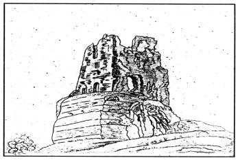 Zříceniny hradu na kresbě K. H. Máchy ( © T. Durdík - Ilustrovaná encyklopedie českých hradů - Libri, Praha 2000)