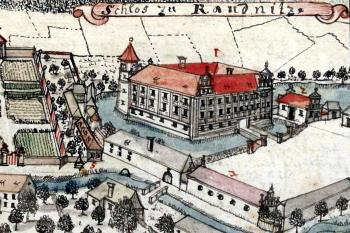 Rudnica na vedutě F. B. Wernera z poloviny 18. století (© Werner, Friedrich Bernhard: Topographia Silesiae, (geographisch-historische Beschreibung der Provinz Schlesien) mit handgezeichneten Stadtplänen und Ansichten Bd. 3: Münsterberg-Frankenstein, Schweidnitz, freie Standesherrschaften)