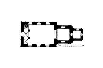 půdorys kostela (© Zdeněk Wirth: Soupis památek historických a uměleckých v Království Českém, sv. 16 Politický okres vysokomýtský, Archaelogická komise při České akademii císaře Františka Josefa pro vědy, slovesnost a umění, Praha 1902)