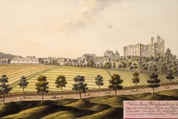 Košumberk na akvarelu J. A. Venuta v roce 1813. Vidíme, že tehdy ještě stály dvě vysoké zdi západního renesančního křídla. (© J. A. Venuto, 1813)