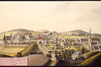 Červená Řečice na vedutě I.A.Venuta z r. 1812 (© I.A.Venuto, 1812)