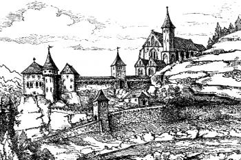rekonstrukce podle kresby z 18. století ( © Alfred Moschkau: Oybyn - Ritterburg und kloster, 1933)