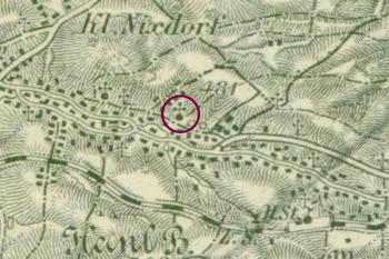 kaple na mapě z let z 1874–1880 (zdroj mapy: vutgt.cz)