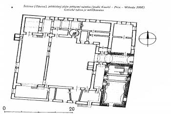 Přibližný půdorys zámku (© F. Musil, M. Plaček, J. Úlovec: Zaniklé hrady, zámky a tvrze Čech , Moravy a Slezska po roce 1945, Libri, Praha 2005)