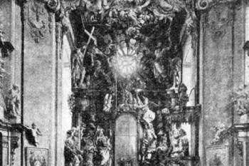 pohled do presbytáře na počátku 20. století (© Antonín Podlaha: Posvátná místa království Českého; Díl 1. Vikariáty: Českobrodský, Černokostelecký, Mnichovický a Prosecký, Dědictví sv. Jana Nepomuckého, Praha 1907)