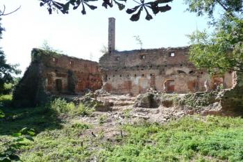 pohled na východní křídlo tvrze v době čištění a odhalování zdiva vnější destruované zdi ( © Jan P. Štěpánek 09/2009)