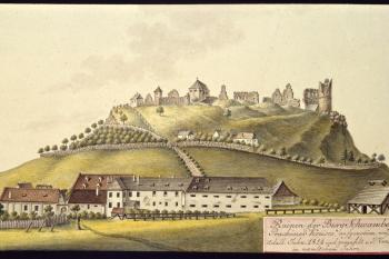 Hrad a město na obr. I.A.Venuta z roku 1814 (© Ing. Karel Kubín, 09/2017)