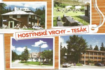 Historická pohlednice Tesáku - vyhořelá chata vlevo nahoře (© 1970)
