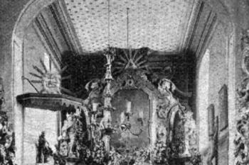 pohled do presbytáře na počátku 20. století (© Antonín Podlaha: Posvátná místa království Českého; Díl 1. Vikariáty: Českobrodský, Černokostelecký, Mnichovický a Prosecký, Dědictví sv. Jana Nepomuckého, Praha 1907)