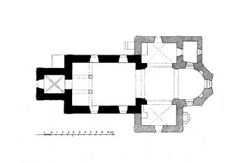 půdorys kostela (© Karel Hostaš, Ferdinand Vaněk: Soupis památek historických a uměleckých v Království Českém, sv. 25 Politický okres přeštický, Archaelogická komise při České akademii císaře Františka Josefa pro vědy, slovesnost a umění, Praha 1907)