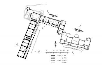 půdorys přízemí (© Kühn, Karl F.: Topographie der historischen und Kunstgeschichtlichen Denkmale in der Tschechoslowakischen Republik, A. Land Böhmen, LI. Der Bezirk Reichenberg, R.M. Rohrer Verlag, Brünn - Prag - Leipzig - Wien 1934)