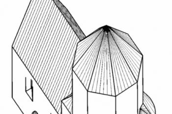 rekonstrukce podoby románské centrály s gotickou lodí a mladšími přístavky (© Podliska, J. (2002). Nové poznatky o kostele sv. Jana Křtitele Na Zábradlí na Starém Městě pražském. Průzkumy památek, 9(1), 83-100)