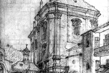kostel na vedutě V. Morstadta (© Vincenc Morstad, 1873 (in: Ivo Kořán: Santini a Brokof na Zderaze, Umění XLV/2, Ústav dějin umění AV ČR, Praha 1997))