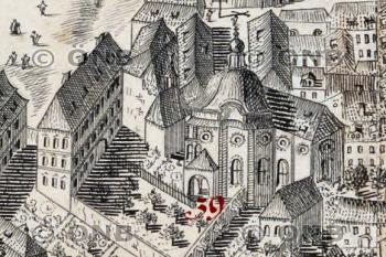 kostel s prelaturou (vlevo) na Huberově panoramatu Prahy (© Huber, Josef Daniel: Vogelschauansicht Von Prag, 1769)