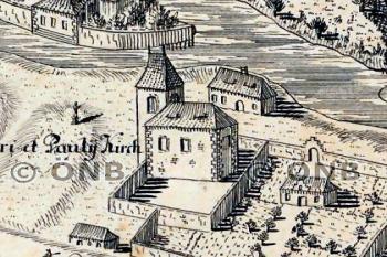 kostel na Huberově panoramatu Prahy (© Huber, Josef Daniel: Vogelschauansicht Von Prag, 1769)
