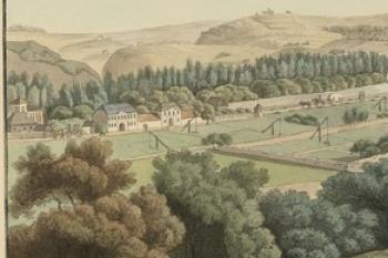 kostel a špitál na výřezu obrazu Lorenze Janschy z roku 1798 (Lorenz Janscha, 1798 Public domain, via Wikimedia Commons)