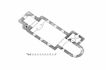 půdorys kostela (© Zdeněk Wirth: Soupis památek historických a uměleckých v Království Českém, sv. 22 Politický okres poličský, Archaelogická komise při České akademii císaře Františka Josefa pro vědy, slovesnost a umění, Praha 1906)
