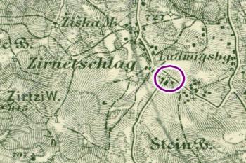 kaple na mapě z let 1874 - 1880 (© https://www.vugtk.cz/)
