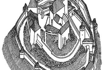 Pokus o hmotovou rekonstrukci stavu hradu v 15. století podle T. Tomíčka ( © T. Durdík - Ilustrovaná encyklopedie českých hradů - Libri, Praha 2000)