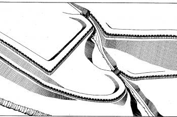 Rekonstrukce jižního vstupu do oppida v první polovině 1. století před Kr. podle A. Rybové a P. Drdy (© V. Čtverák,  M. Lutovský, M. Slabina, L. Smejtek: Encyklopedie hradišť v Čechách, Libri, Praha 2003)