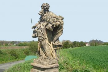 Socha sv. Marka v obci Čertoryje, místní části Charvát v okrese Olomouc. (© Pavel Vítek  09/2025)