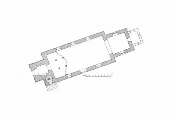 půdorys kostela (© Zdeněk Wirth, František Machát: Soupis památek historických a uměleckých v Království Českém, sv. 34 Politický okres náchodský, Archaelogická komise při České akademii císaře Františka Josefa pro vědy, slovesnost a umění, Praha 1910)